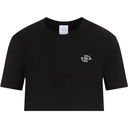 Schwarzes Baumwoll-T-Shirt mit Strass , Damen, Größe: M - Patou - Modalova