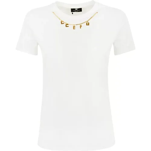 Baumwoll Damen T-Shirt mit Metallkette , Damen, Größe: L - Elisabetta Franchi - Modalova