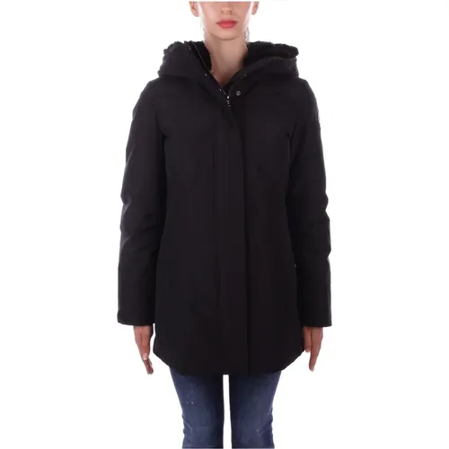 Schwarzer Mantel mit Kapuze, Reißverschluss und Knöpfen , Damen, Größe: 2XL - Woolrich - Modalova