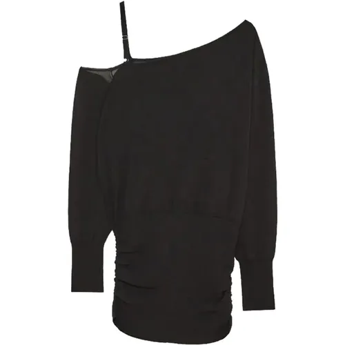 Schwarzer Oversize-Pullover mit One-Shoulder-Ausschnitt und elastischer Baumwollrüsche , Damen, Größe: M - PATRIZIA PEPE - Modalova