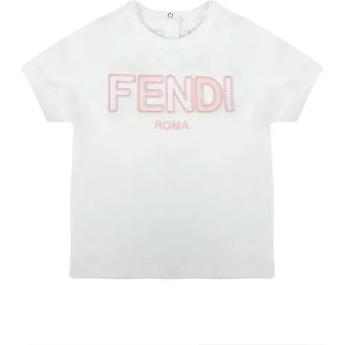 Weißes Baumwoll-T-Shirt mit rosa Logo-Patch - Fendi - Modalova