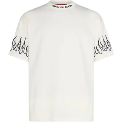 Schwarze Bestickte Flammen Weißes T-Shirt , Herren, Größe: M - Vision OF Super - Modalova