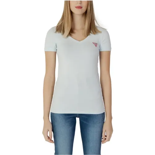 Hellblaues V-Ausschnitt T-Shirt , Damen, Größe: XL - Guess - Modalova