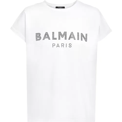 Öko-designtes Baumwoll-T-Shirt mit Strass-Logo - Balmain - Modalova