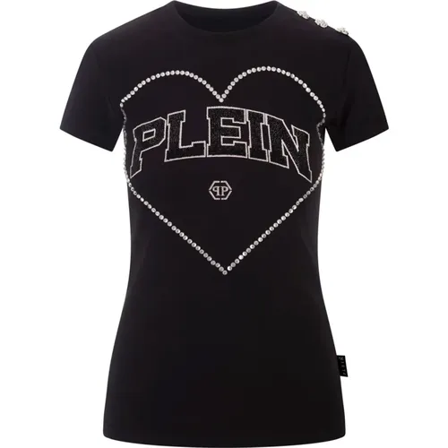 Schwarzes Kristallherz T-Shirt , Damen, Größe: M - Philipp Plein - Modalova