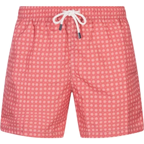 Red Swim Shorts with Micro Flower Pattern , male, Sizes: XL, L - Fedeli - Modalova