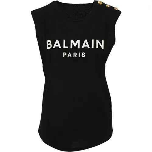 Schwarzes ärmelloses Baumwoll-T-Shirt mit weißem Logo-Druck - Balmain - Modalova