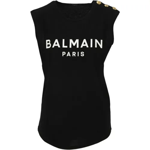 Schwarzes ärmelloses Baumwoll-T-Shirt mit weißem Logo-Druck , Damen, Größe: L - Balmain - Modalova