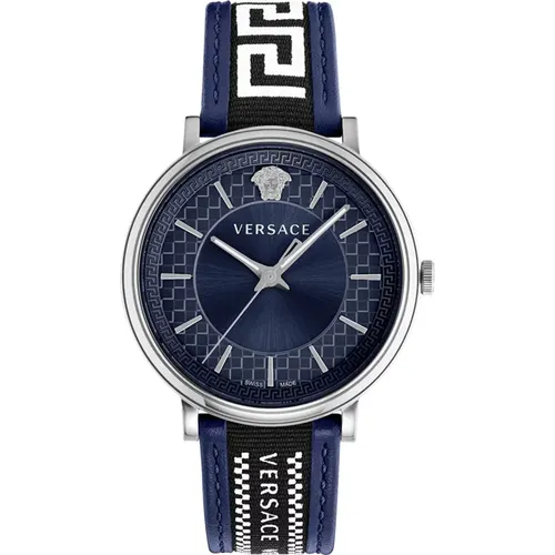 Blaue V-Circle Leder/Textil Uhr , Herren, Größe: ONE Size - Versace - Modalova