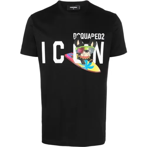 Icon Hundemotiv T-Shirt Schwarz , Herren, Größe: XL - Dsquared2 - Modalova