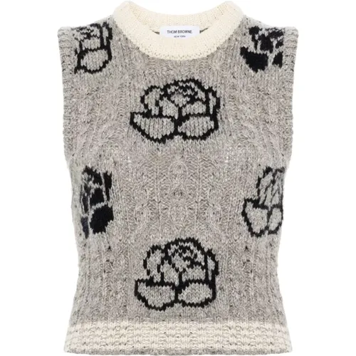 Grey Cropped Sweater with Floral Pattern , female, Sizes: S - Thom Browne - Modalova