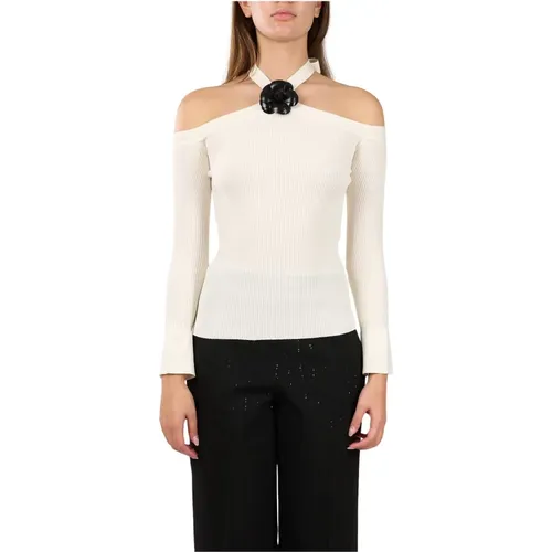 Ribbed boat neck top with rose brooch , female, Sizes: M, S - Simona Corsellini - Modalova