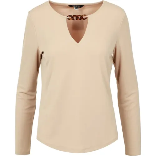 Brauner V-Ausschnitt Pullover mit farbenfrohem Ketten-Detail , Damen, Größe: L - Ralph Lauren - Modalova