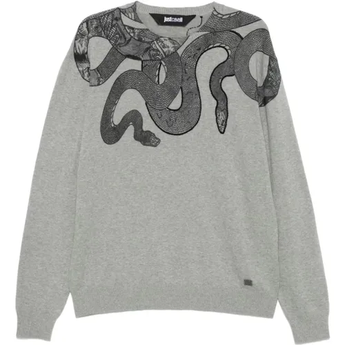 Grauer Pullover mit Schlangenmuster aus Baumwolle , Herren, Größe: XL - Just Cavalli - Modalova