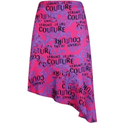 Baroque Logo Print Fuchsia/Violet Midi Skirt - Size 42 , female, Sizes: XS, S - Versace Jeans Couture - Modalova