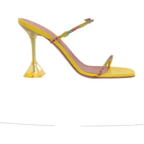 Yellow Leather and PVC Sandals with Multicolored Crystals , female, Sizes: 7 UK, 5 UK, 2 UK, 4 UK, 3 UK, 8 UK, 4 1/2 UK - Amina Muaddi - Modalova