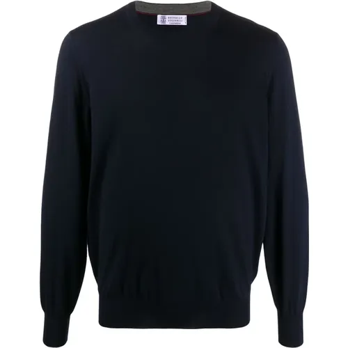 Navy+Dark Grey Crew Neck Sweater , male, Sizes: L, 2XL, M, 3XL, 4XL, XL, S - BRUNELLO CUCINELLI - Modalova