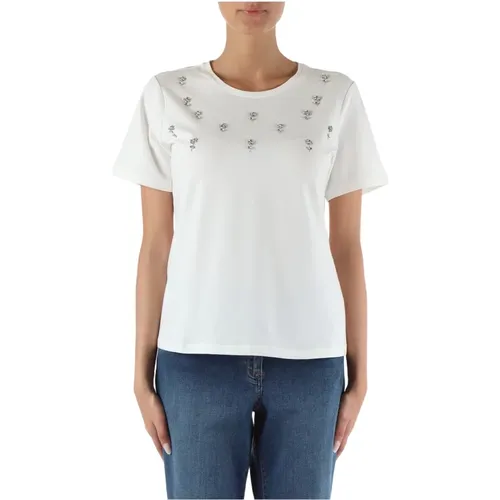 Stretch cotton T-shirt with rhinestones , female, Sizes: XL - Elena Mirò - Modalova