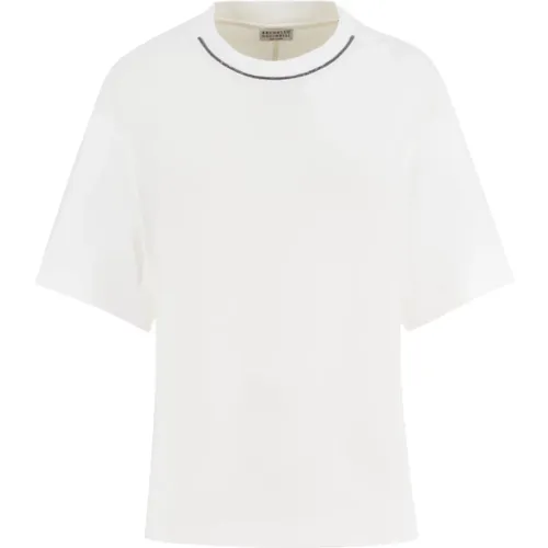 Bianco Ss24 Embroidered Cotton T-Shirt , female, Sizes: L, XL, S, M - BRUNELLO CUCINELLI - Modalova