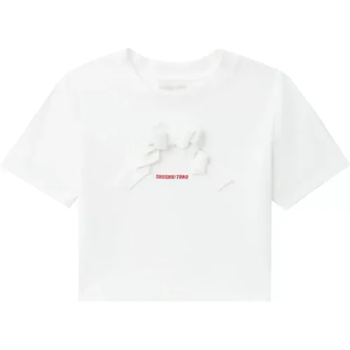Weiße Baumwoll-Jersey-Schleifendetail-T-Shirt - Shushu/Tong - Modalova