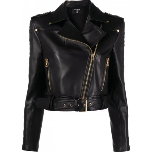 Quilted Leather Biker Jacket , female, Sizes: M - Balmain - Modalova
