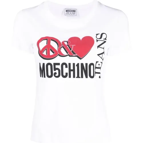 Logo-Print Baumwoll T-Shirt mit Herzdruck , Damen, Größe: L - Moschino - Modalova