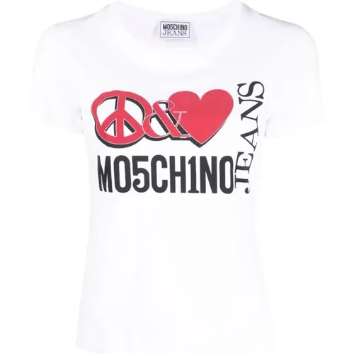 Logo-Print Baumwoll T-Shirt mit Herzdruck , Damen, Größe: XS - Moschino - Modalova