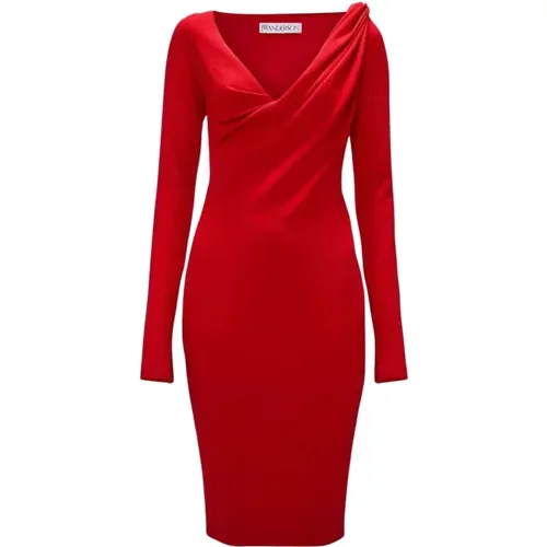 Rotes Midi-Kleid V-Ausschnitt Gerafft - JW Anderson - Modalova