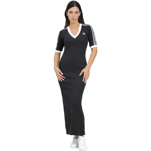 Schwarzes Gestricktes V-Ausschnitt Maxikleid Damen , Damen, Größe: M - adidas Originals - Modalova