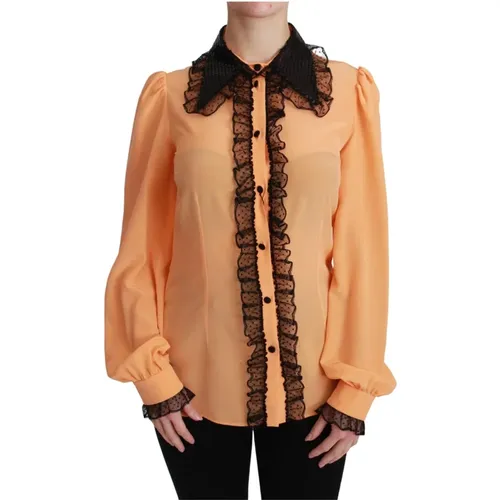 Gelbes Seiden Pailletten Spitzenblusenshirt , Damen, Größe: 3XS - Dolce & Gabbana - Modalova