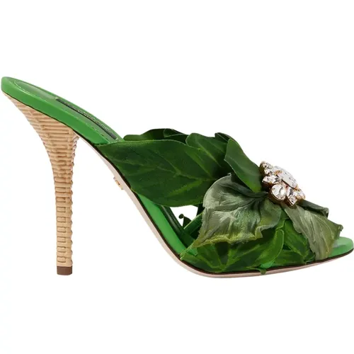 Jungle Leaf Satin Mules with Crystals , female, Sizes: 5 UK, 6 UK, 4 UK - Dolce & Gabbana - Modalova