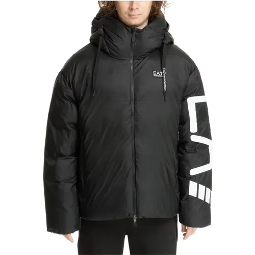 Kapuzen-Daunenjacke mit Kordelzug Einfacher Stil , Herren, Größe: L - Emporio Armani EA7 - Modalova