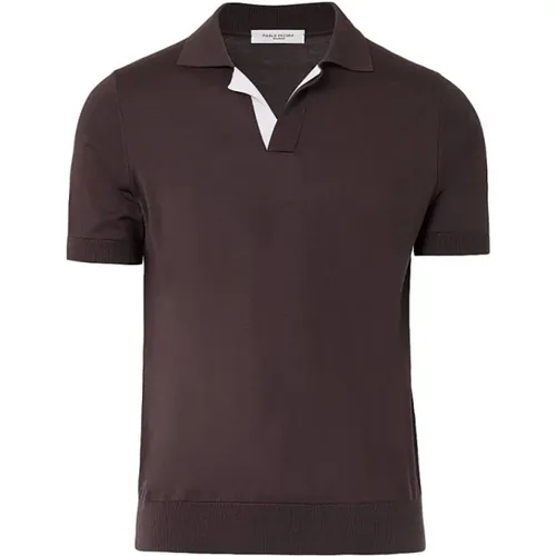 Braunes Polo-Shirt V-Ausschnitt Kurzarm - Paolo Pecora - Modalova