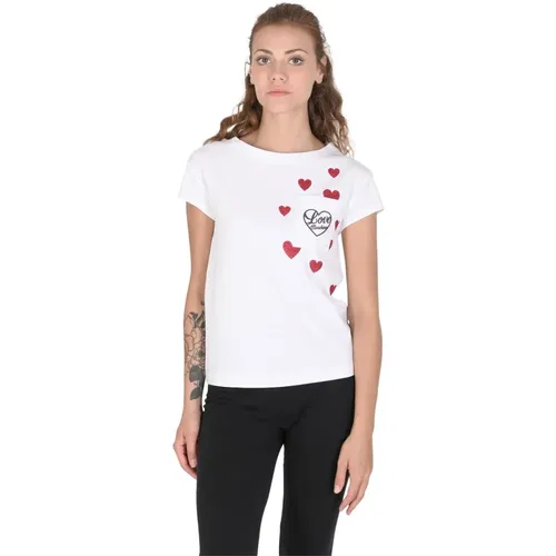Weißes Baumwoll-Spandex T-Shirt , Damen, Größe: XS - Love Moschino - Modalova