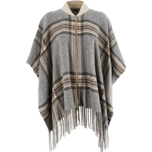 Geometric Pattern Fringed Cape , female, Sizes: ONE SIZE - Le Tricot Perugia - Modalova