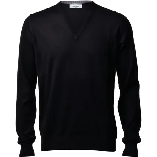 Schwarzer V-Ausschnitt Pullover aus extrafeiner Merinowolle , Herren, Größe: L - Gran Sasso - Modalova