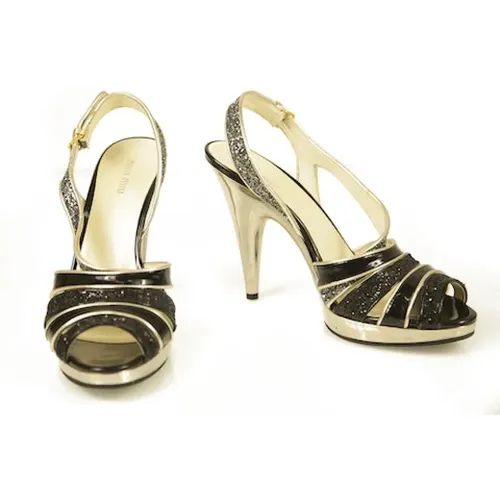 Pre-owned Glitter Gold Tone Trim High Heel Strappy Sandals , female, Sizes: 7 UK - Miu Miu Pre-owned - Modalova