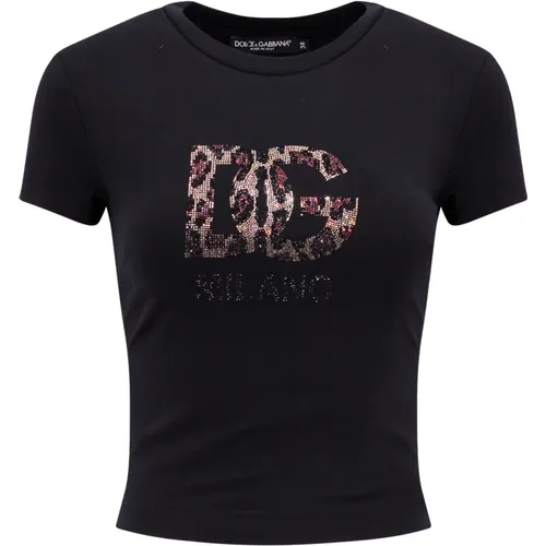 Schwarzes Baumwoll-T-Shirt mit Animalier-Monogramm , Damen, Größe: 2XS - Dolce & Gabbana - Modalova