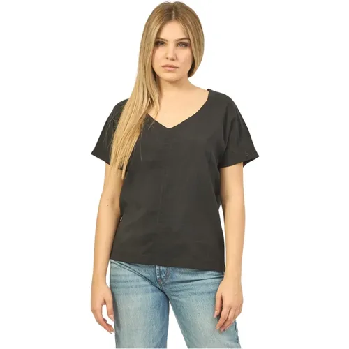 Schwarzes Baumwoll-T-Shirt mit weitem Ausschnitt , Damen, Größe: XS - Suns - Modalova