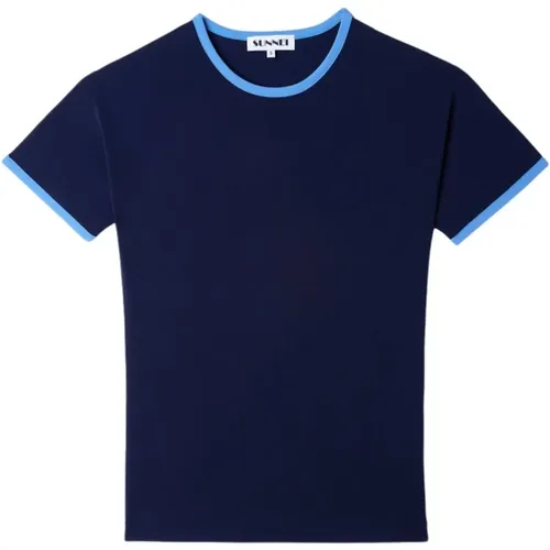 Dunkelblaues Stretch T-Shirt mit Kontrastborten - Sunnei - Modalova