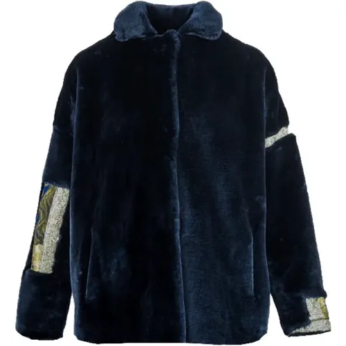 Hand-painted Navy Faux Fur Jacket , female, Sizes: XL, S, L, M - Fortini - Modalova