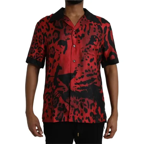 Red Leopard Silk Button Down Shirt , male, Sizes: M - Dolce & Gabbana - Modalova