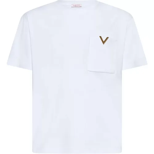 Weißes T-Shirt mit V-Logo-Plakette , Herren, Größe: M - Valentino - Modalova