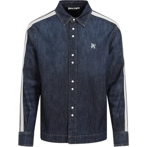 Blaue Denimjacke mit Weißen Riemen , Herren, Größe: L - Palm Angels - Modalova