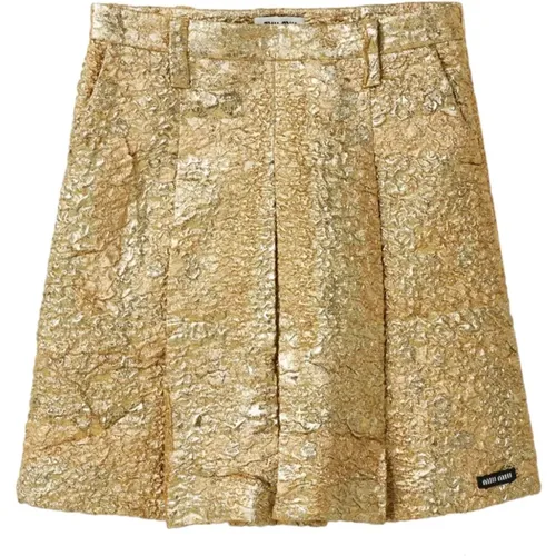 Golden Lamé Pleated Midi Skirt , female, Sizes: XS - Miu Miu - Modalova