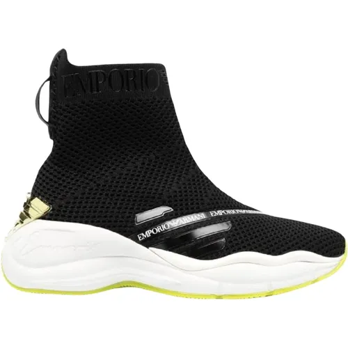 Chunky Gestrickte Schwarze Sneakers mit 3D Limettengrünem Adlerlogo - Größe 42 , Damen, Größe: 41 EU - Emporio Armani - Modalova