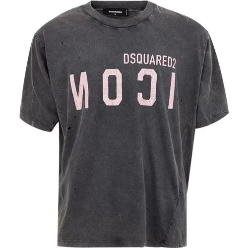 Destroyed Cotton T-Shirt with Icon Logo , male, Sizes: M - Dsquared2 - Modalova