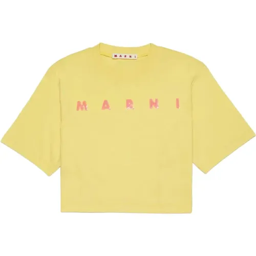 Gelbes Cropped T-Shirt mit Fuchsia Logo-Stickerei - Marni - Modalova