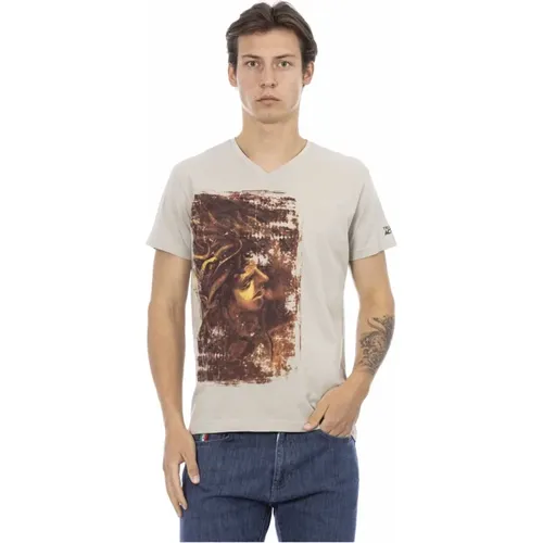 T-Shirt mit V-Ausschnitt und Frontdruck , Herren, Größe: 3XL - Trussardi - Modalova