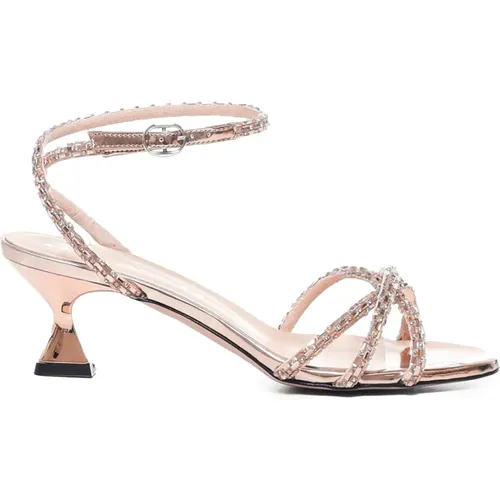 Golden Rhinestone Ankle Strap Sandals , female, Sizes: 7 UK - Marc Ellis - Modalova